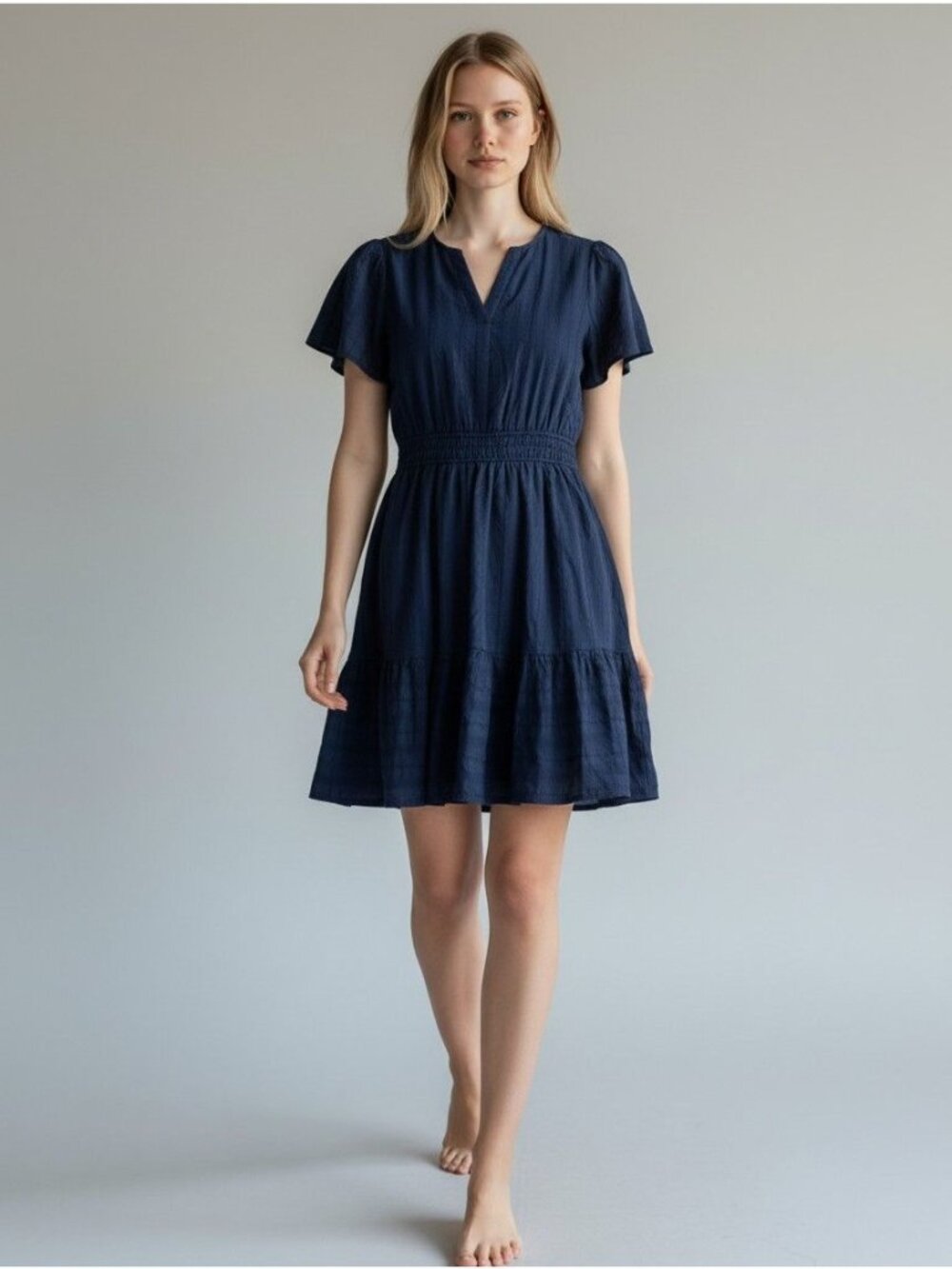 BTFBM Womens Navy Blue Short Sleeve V-Neck-Tiered Mini Dress Cotton Boho Style S
